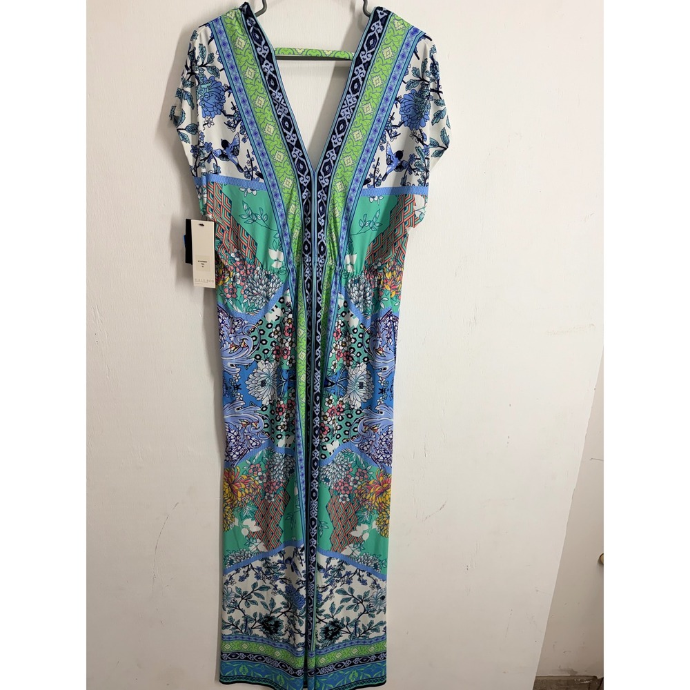Hale Bob Women Floral Geometric Silk Blend V-Neck Maxi Dress Teal Blue Size M